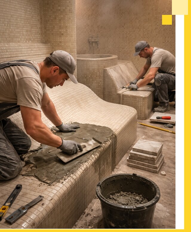 Лежаки для хамама под ключ в Дубне, проект и монтаж