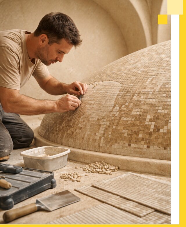 Профессиональная укладка мозаики для хамама под ключ в Дубне